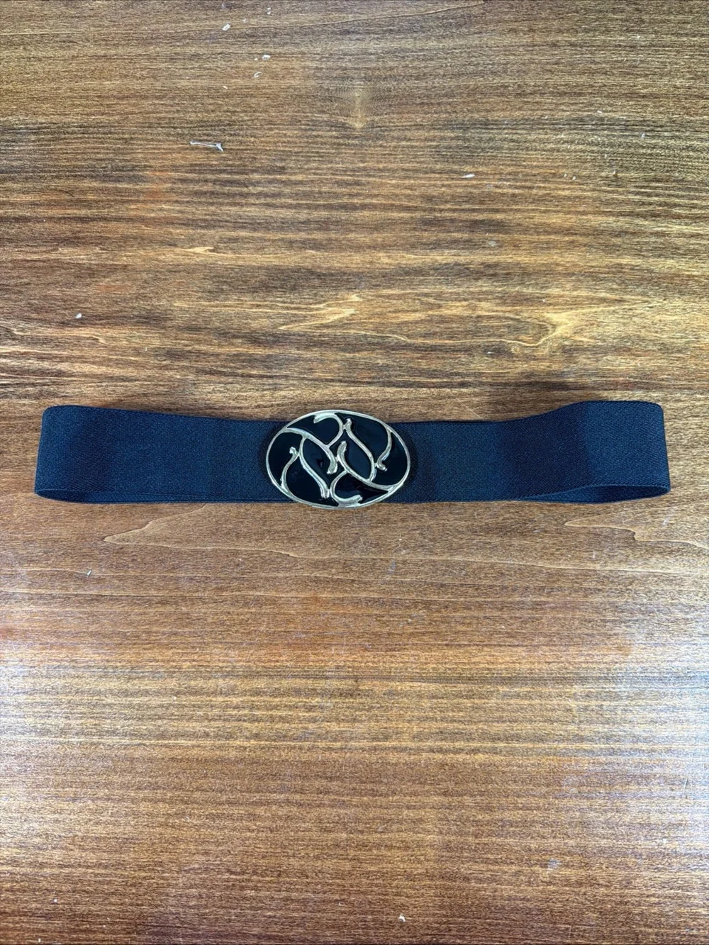 Vintage Elastic Black Waist Belt with Decorative Gold-Tone Oval Buckle